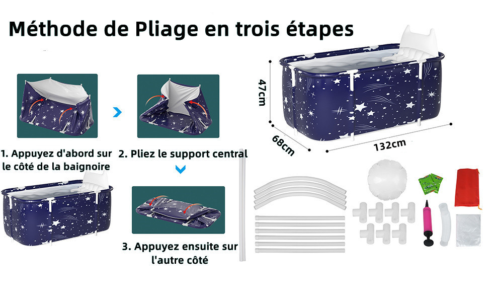 Sinbide Baignoire Pliable Adulte, Grand Antidérapant Baignoires Portable Mobile / SPA,140x68x47cm