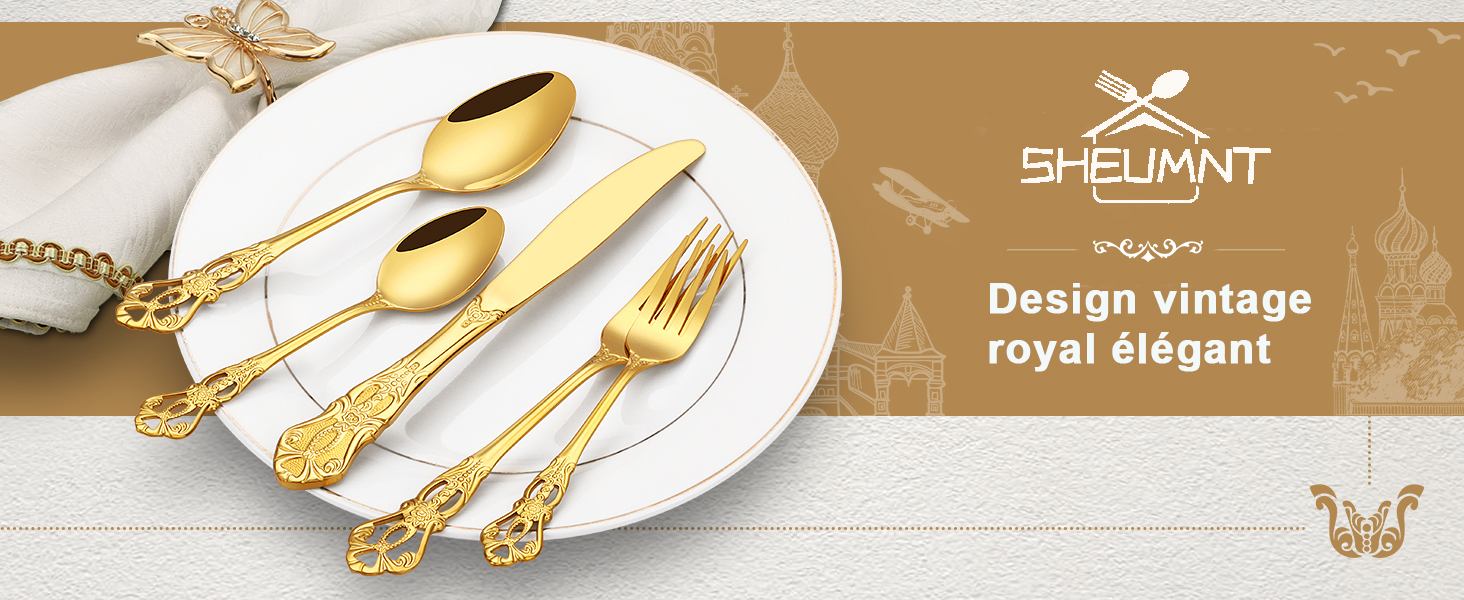 SHEUMNT set couverts de table doré 6 personnes Rétro royal