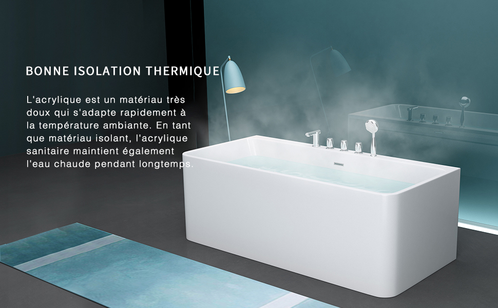 baignoire avec bonne isolation thermique, matériau doux et isolant, maintient l'eau chaude