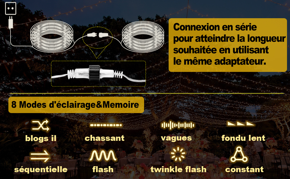 Uping guirlandes lumineuses peuvent être connectées en série en utilisant le même adaptateur