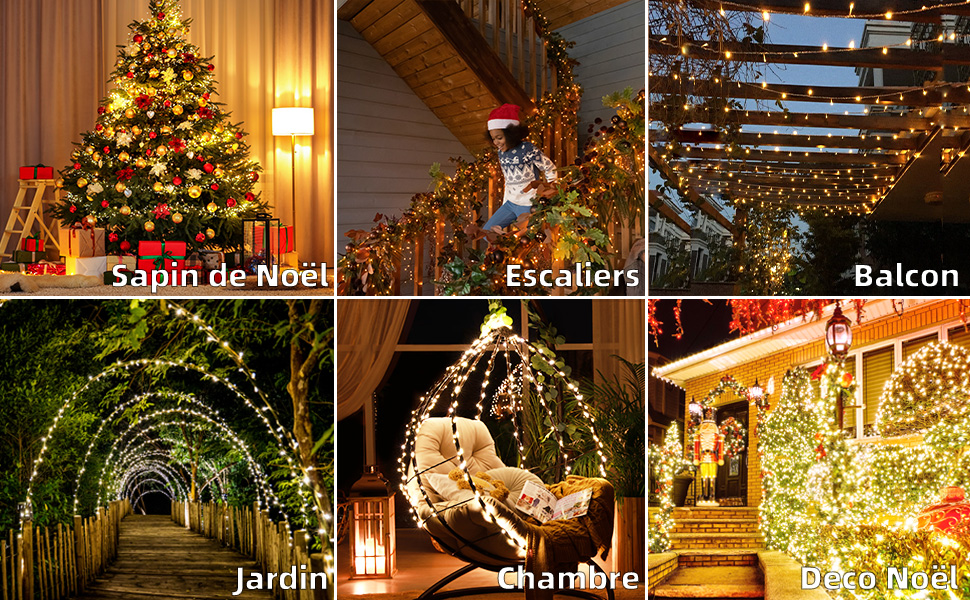 Affichage de scénarios d'utilisation: jardin, sapin de Noël, balcon, chambre, escalier