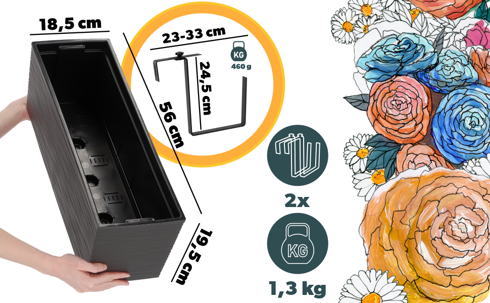KADAX Jardinière en plastique, 18,5 x 56 cm, jardinière avec insert, jardinière de balcon résistante aux intempéries