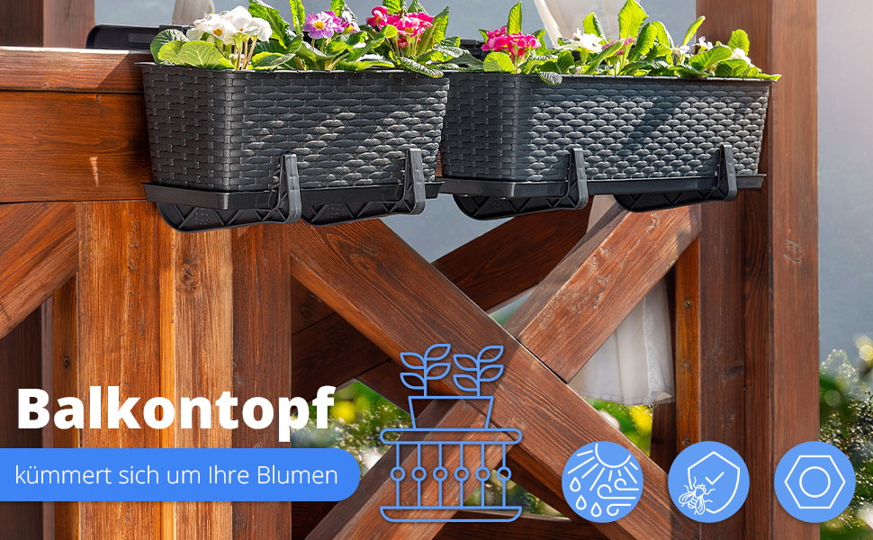 Pot de balcon avec socle, bac à plantes, jardinière de balcon avec ouvertures d'eau