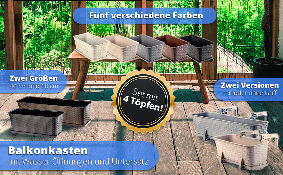 Pot de balcon avec socle, bac à plantes, jardinière de balcon avec ouvertures d'eau