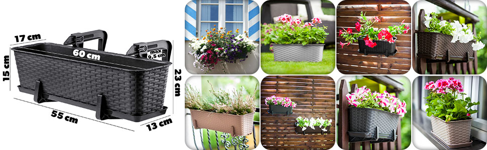 Pot de balcon avec socle, bac à plantes, jardinière de balcon avec ouvertures d'eau