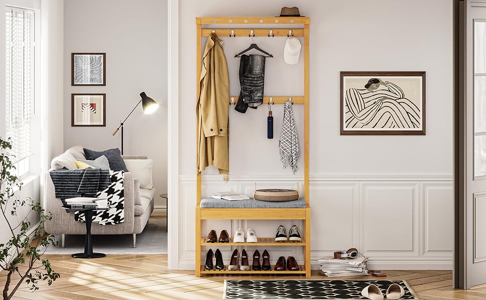 orte-Manteau, Vestiaire, Meuble d’Entrée avec Étagère Chaussures à 3 Niveaux, avec Crochets