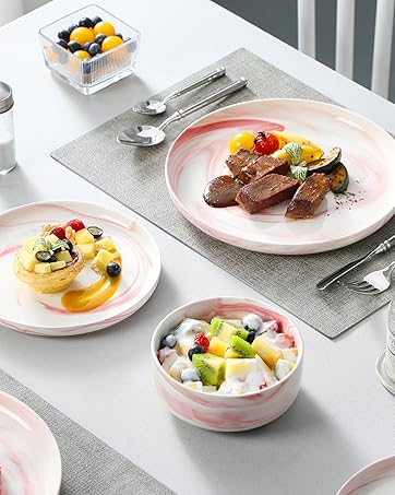 MALACASA Série LUNA Service de Table en Porcelaine Marbre Rose