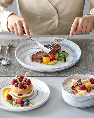 MALACASA Série LUNA Service de Table en Porcelaine Marbre Bleu