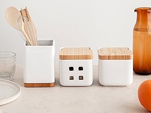 KOOK TIME logo Pot a sel cuisine Boîte céramique bambou distributeur Liquide Vaisselle Porte Eponge