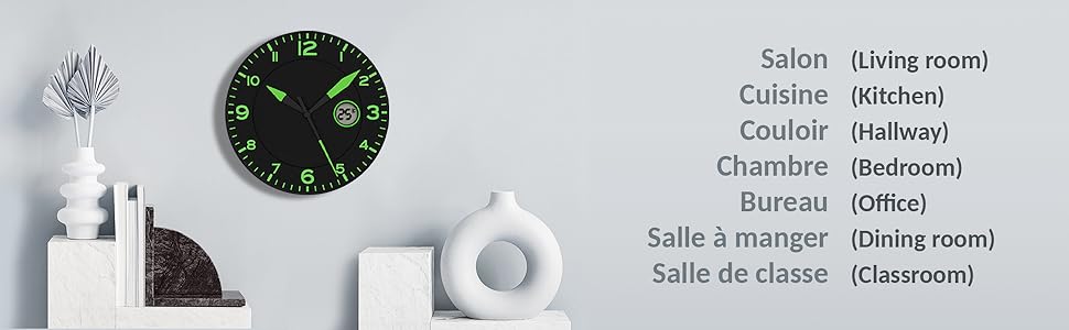 Horloge Murale Design Moderne Noire et Verte - Pendule avec Température Digitale avec Objets + Infos