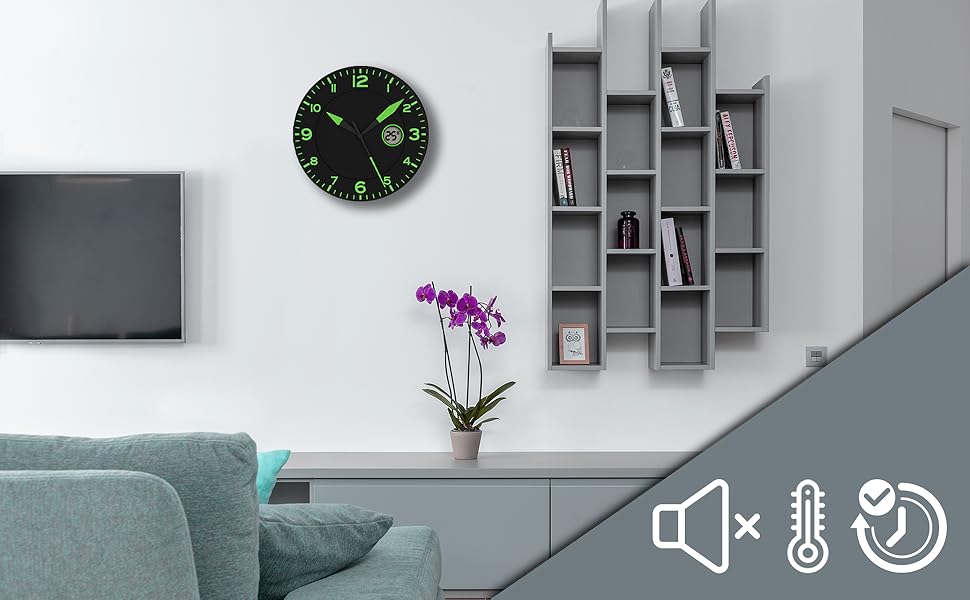 Horloge Murale Design Moderne - Pendule avec Température Digitale dans un Salon Moderne + Icônes 