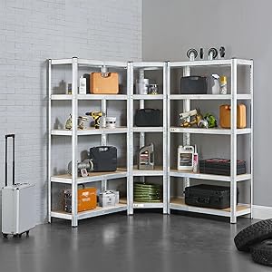  Système de 3 étagères : 1 corner & 2 basiques au total 15 tablettes avec une capacité de charge de 2625 kg. 