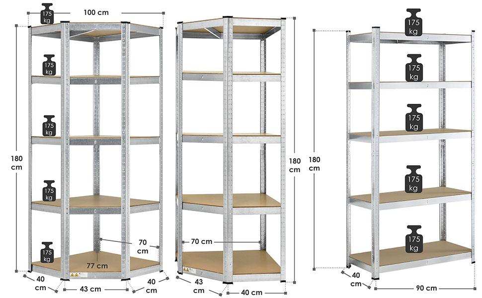  Système de 3 étagères : 1 corner & 2 basiques au total 15 tablettes avec une capacité de charge de 2625 kg. 
