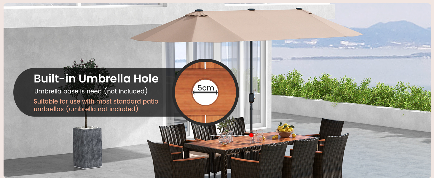 table de jardin avec trou de parasol