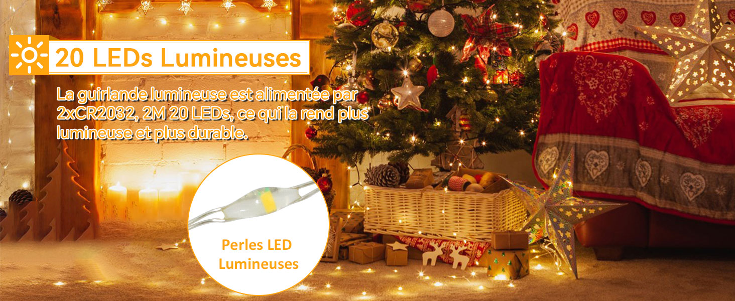 2m blanc chaud guirlande led à pile