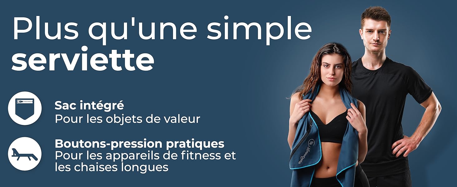 Serviettes en microfibre pour différents usages : bain, sport, fitness, avec boutons-pression.