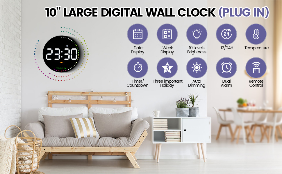 Grande horloge murale numérique 10" - Réveil plug-in - Horloge de gym 12/24 h avec télécommande