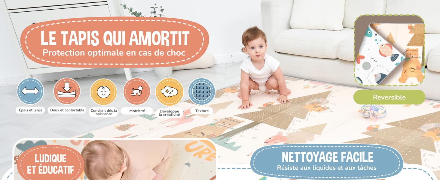 Tapis de Jeu pour Enfant Bebe 150x180x1cm Tapis de Sol XXL en Mousse Epais Pliable Reversible