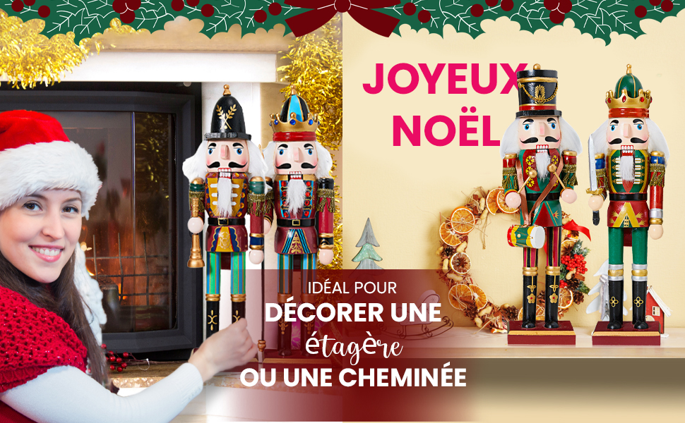 Dame au chapeau de Père Noël, Casse-Noisette sur la cheminée, étagère de Noël