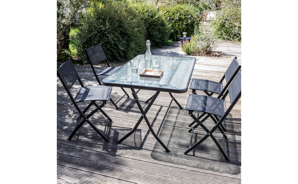 Oviala Table de Jardin et 4 chaises Pliantes en Acier et Verre Noir