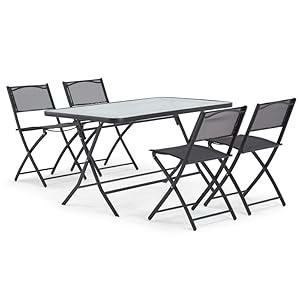Oviala Table de Jardin et 4 chaises Pliantes en Acier et Verre Noir