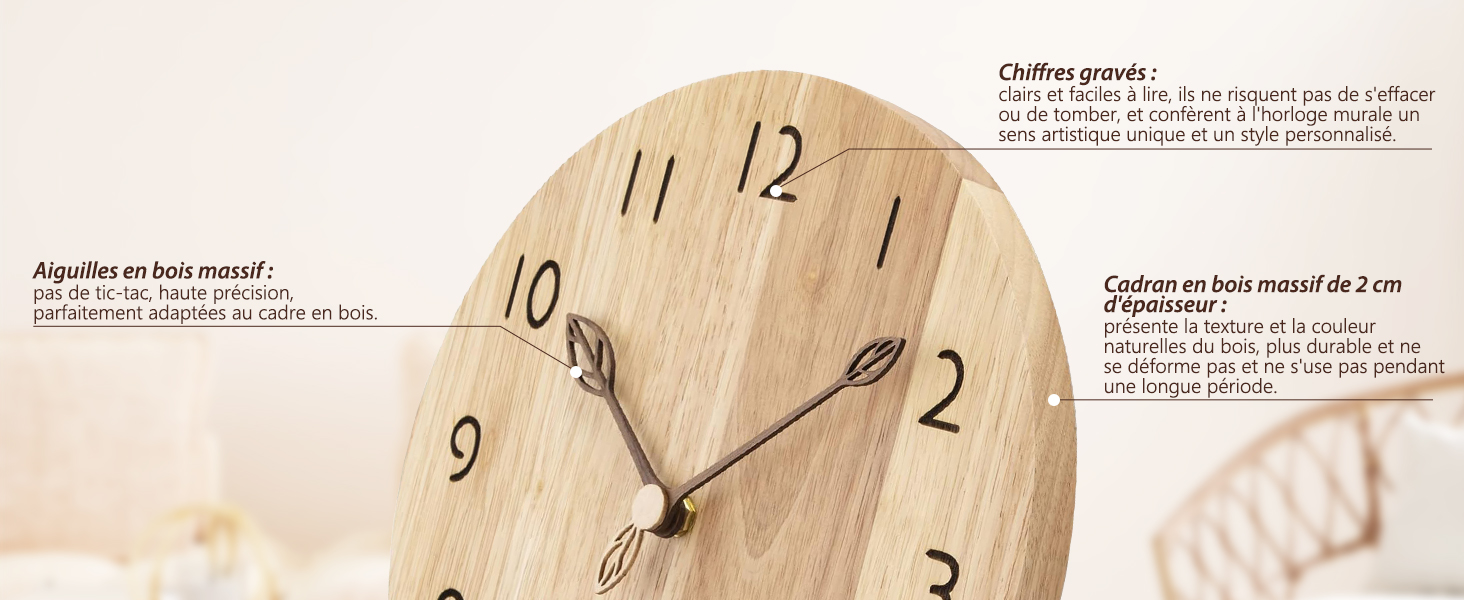 VIVILINEN Horloge Murale Bois Naturel Massif