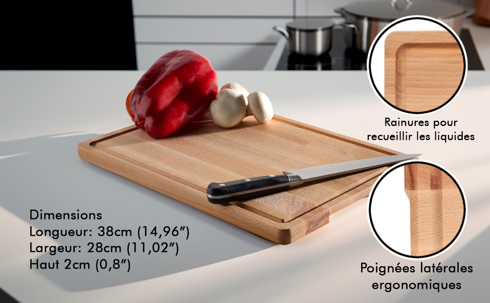 planche 38x28x2, planche a decouper, epaisse, planche en bois, hetre, cuisine, planche è découper