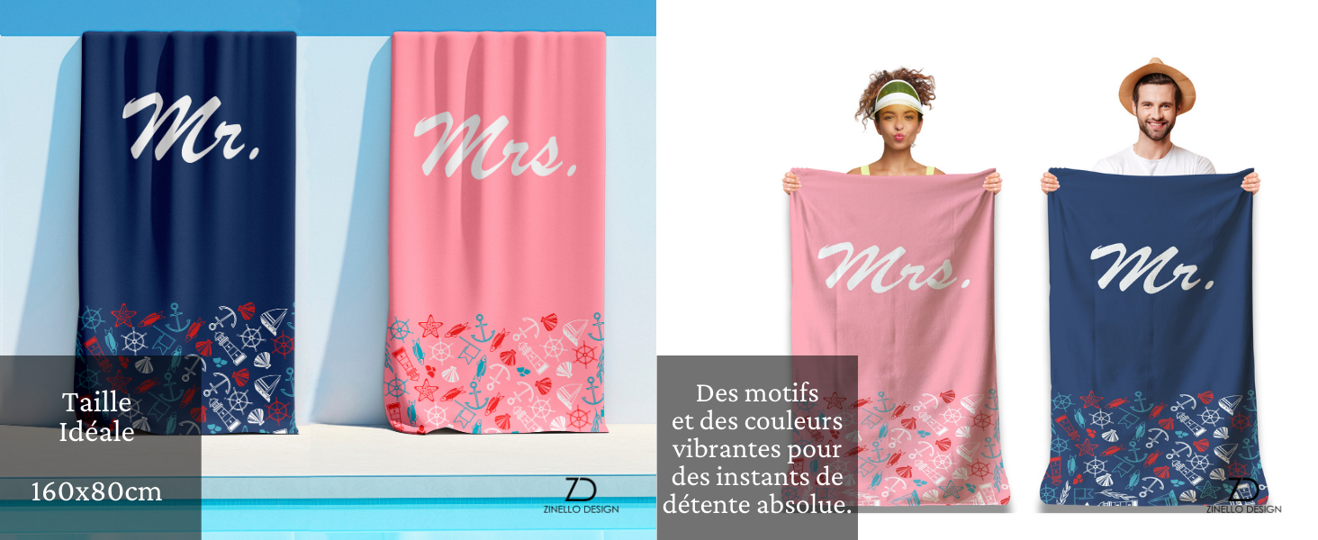 Set de 2 Serviettes de Plage Microfibre Personnalisées pour un Couple