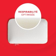 White perforated pillow with zoom window on holes, indicating breathability on a red background.