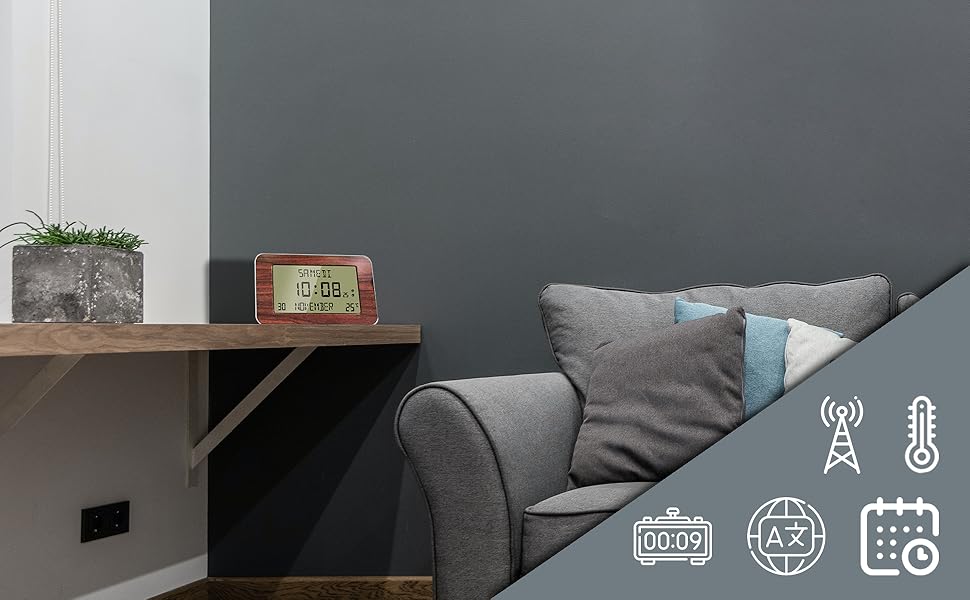 Horloge Réveil Grands Chiffres - 6 Langues - 2 Alarmes - Température Ambiante - dans un Salon