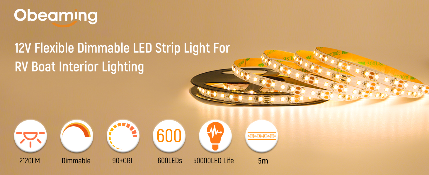 Ruban Lumineuse à LED 12V 5m 600 LEDs Dimmable Lampe, pour Camping-car