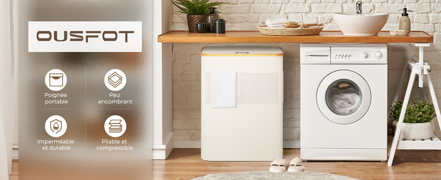OUSFOT Panier à linge 3 Compartiments avec Couvercle 158L