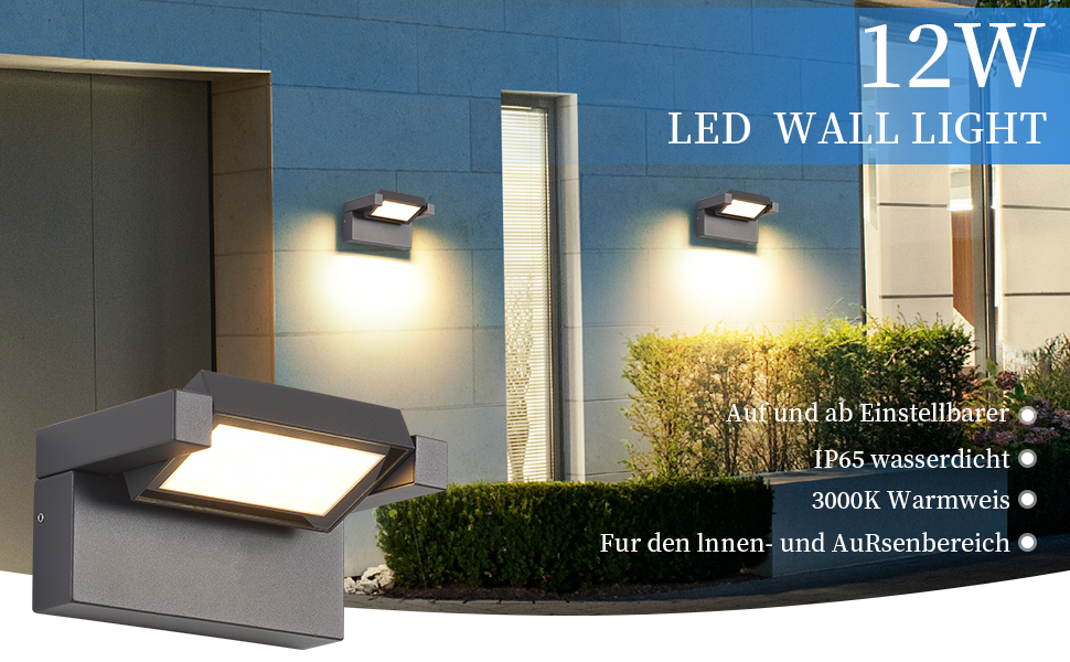 LED Applique Murale Extérieur Intérieur,12W 3000K blanc chaud Moderne Luminaire Murale,Éclairage