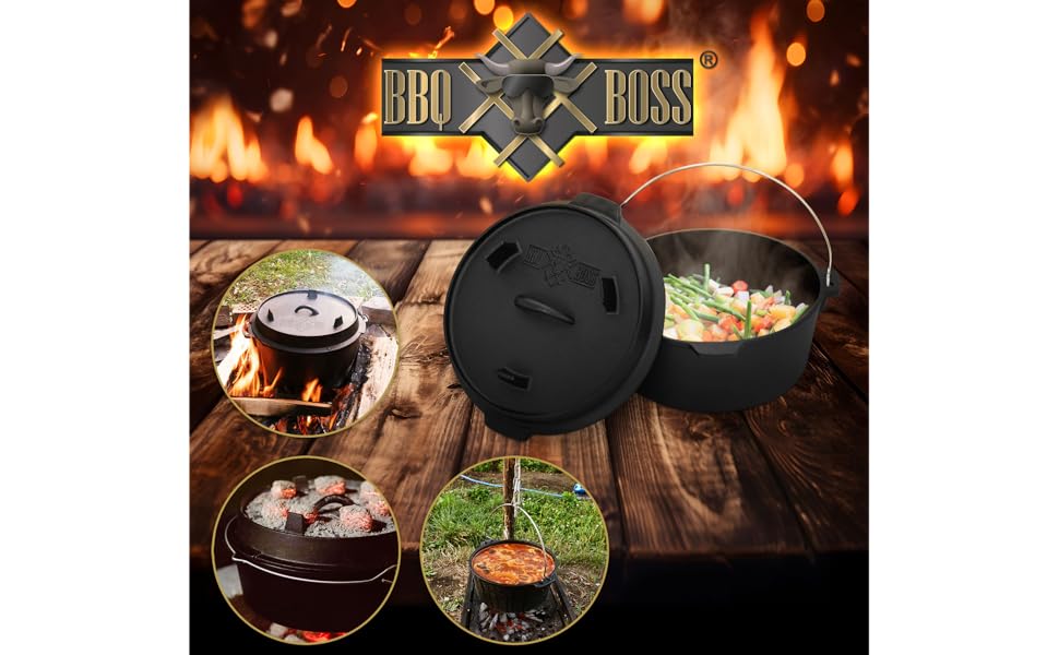 BBQ#BOSS Dutch Oven Set 13,6L marmite en fonte calcinée Marmite de cuisson Gril 