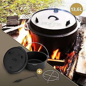 BBQ#BOSS Dutch Oven Set 13,6L marmite en fonte calcinée Marmite de cuisson Gril 