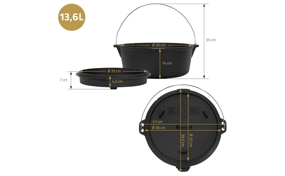 BBQ#BOSS Dutch Oven Set 13,6L marmite en fonte calcinée Marmite de cuisson Gril 