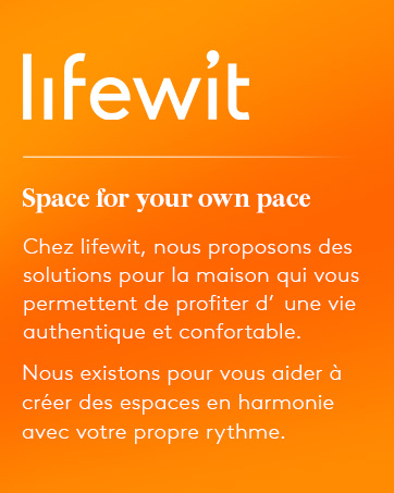 Bannière promotionnelle orange pour la marque Lifewit avec texte blanc, y compris le slogan de l'entreprise « Space for your own pace » et un texte en français sur les solutions pour la maison.