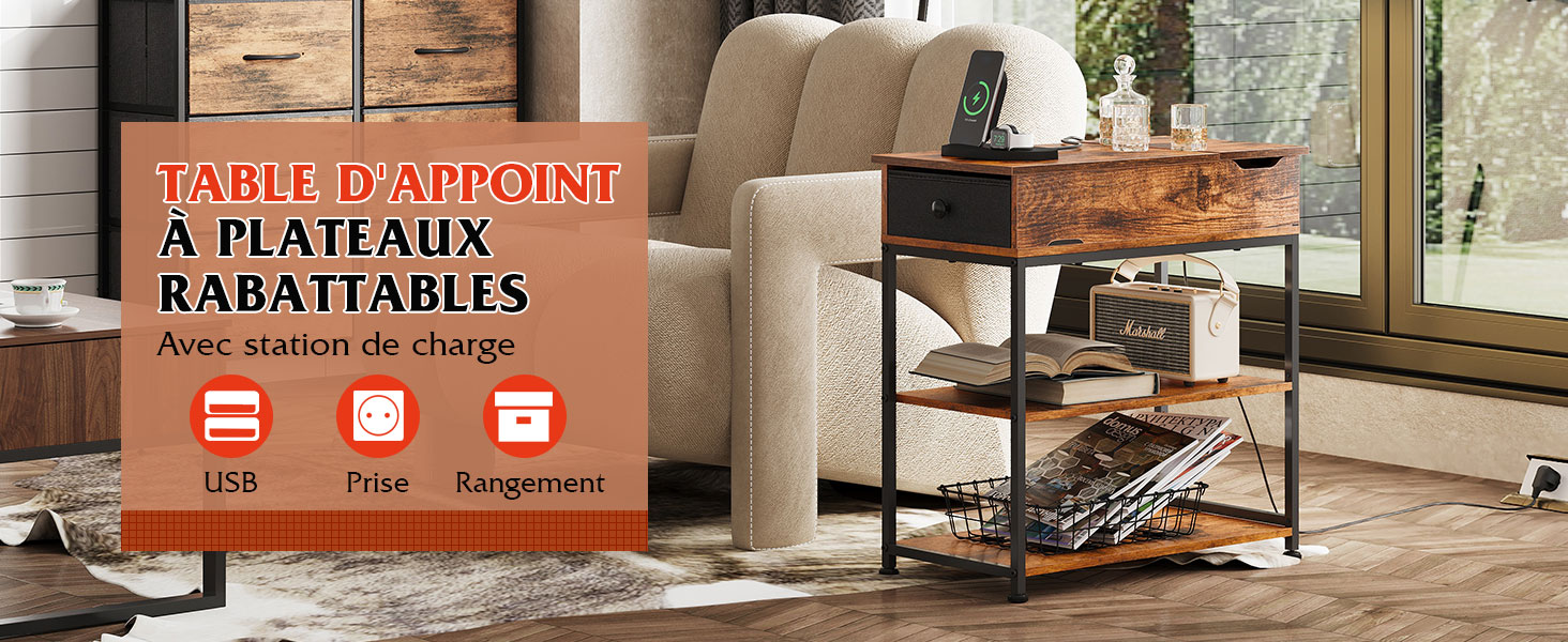 WLIVE Bout de Canapé avec Station de Charge, Table d'appoint avec 2 Ports USB+2 Prises, Plateau 
