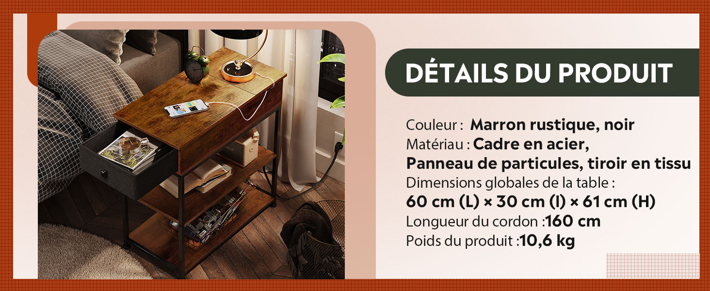 WLIVE Bout de Canapé avec Station de Charge, Table d'appoint avec 2 Ports USB+2 Prises, Plateau 