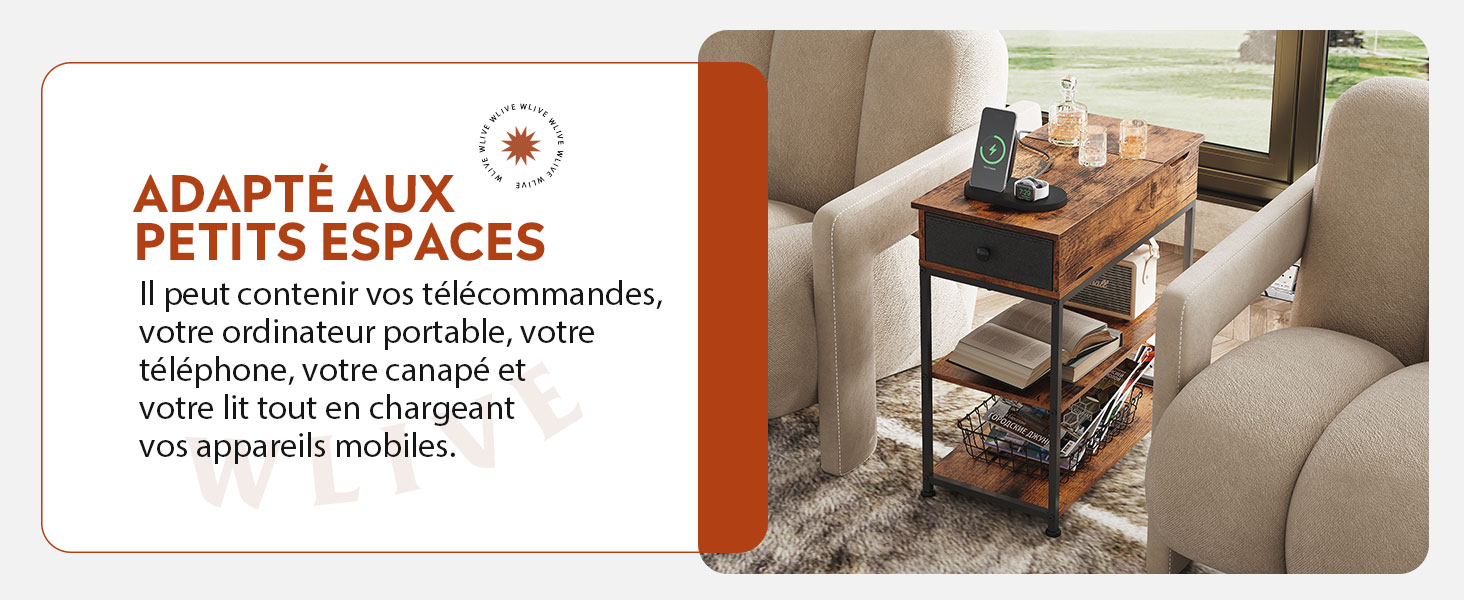 WLIVE Bout de Canapé avec Station de Charge, Table d'appoint avec 2 Ports USB+2 Prises, Plateau