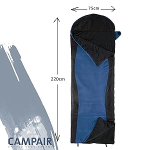sac de couchage bleu et noir avec dimensions indiquees
