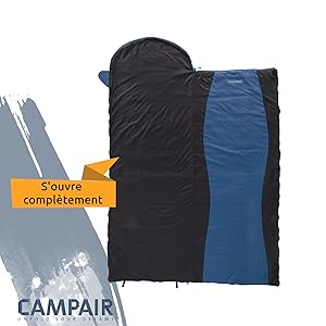 sac de couchage bleu et noir qui peut etre ouvert complètement