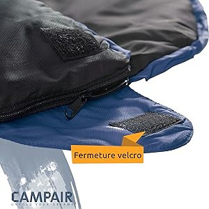 détail du sac de couchage avec fermeture velcro et fermeture eclair