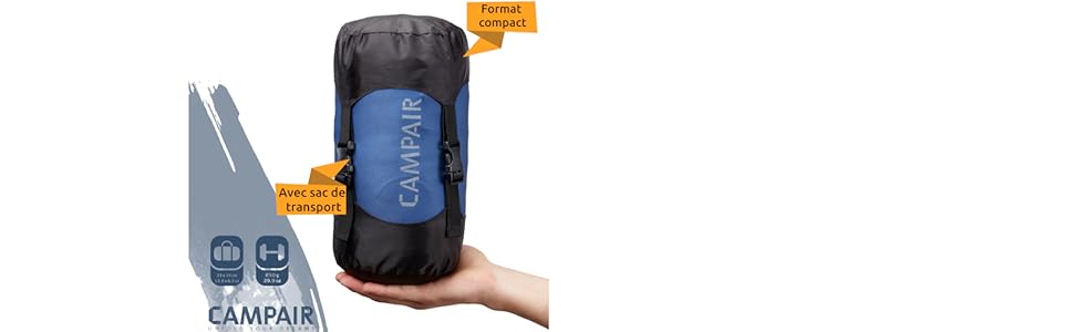 sac de couchage dans son sac de transport de compression compact